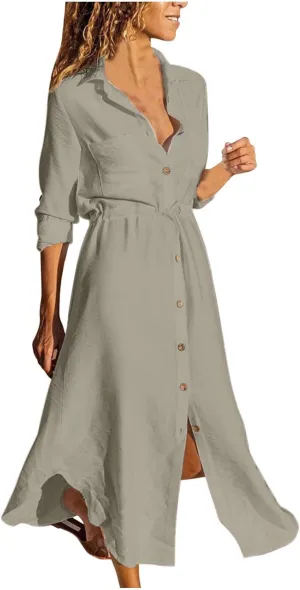 Linen Dresses for Women 2025 Casual Spring Loose Fit Lapel Shirt Dress Fashion Solid Color Button Pleated Dress