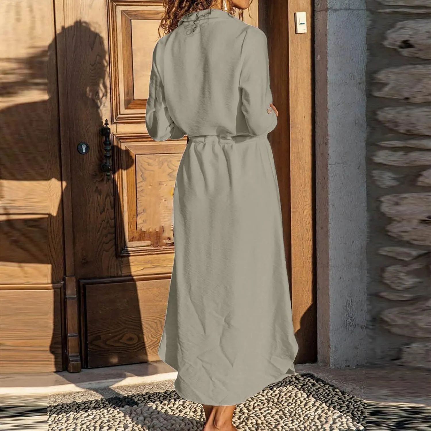 Linen Dresses for Women 2025 Casual Spring Loose Fit Lapel Shirt Dress Fashion Solid Color Button Pleated Dress