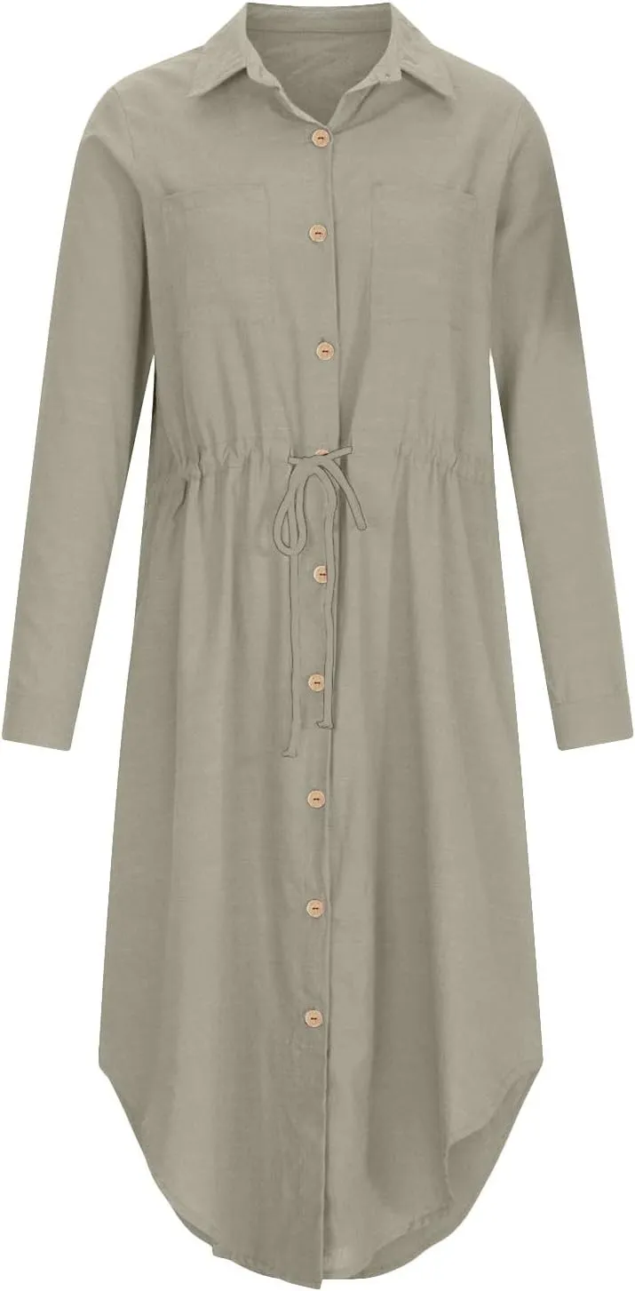 Linen Dresses for Women 2025 Casual Spring Loose Fit Lapel Shirt Dress Fashion Solid Color Button Pleated Dress
