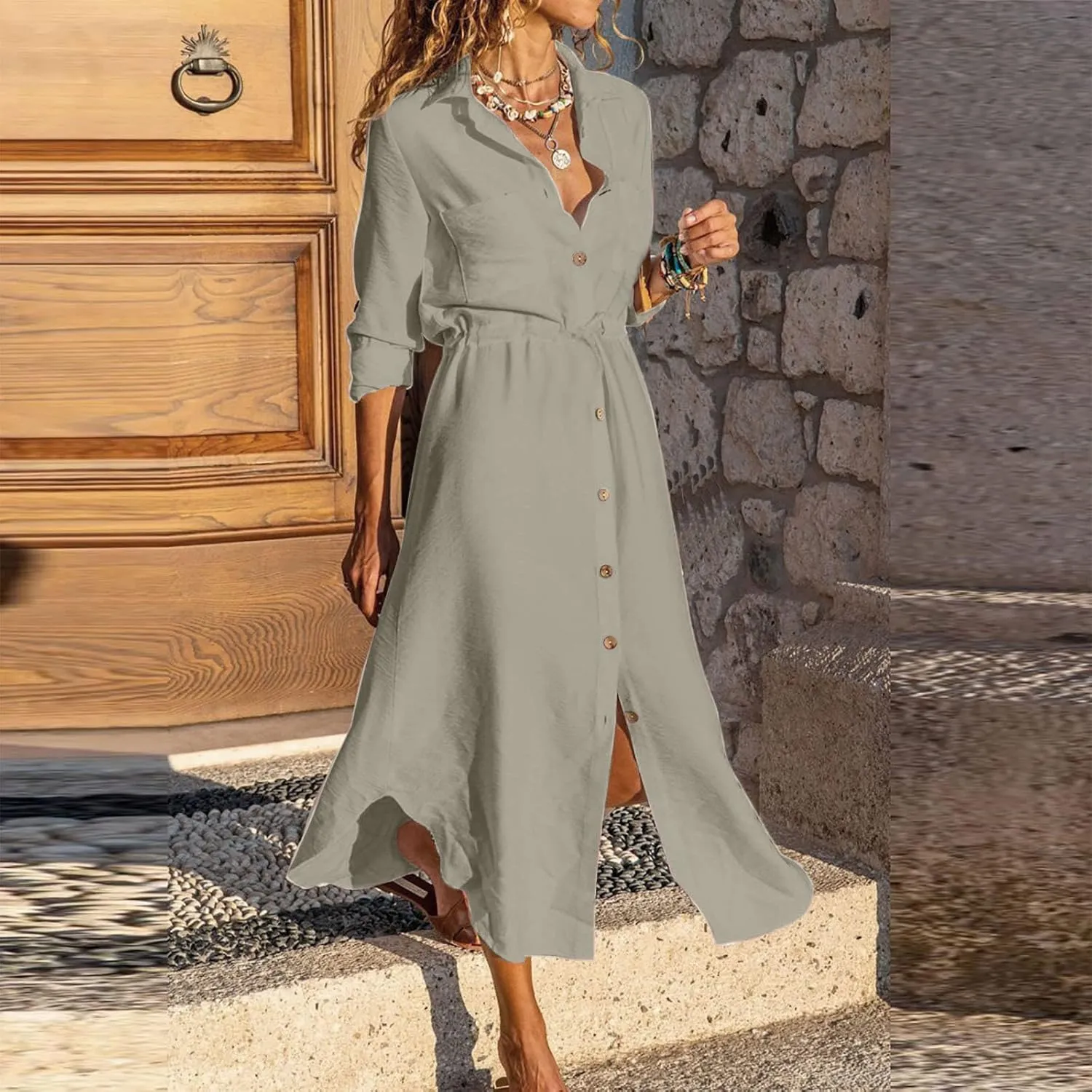 Linen Dresses for Women 2025 Casual Spring Loose Fit Lapel Shirt Dress Fashion Solid Color Button Pleated Dress