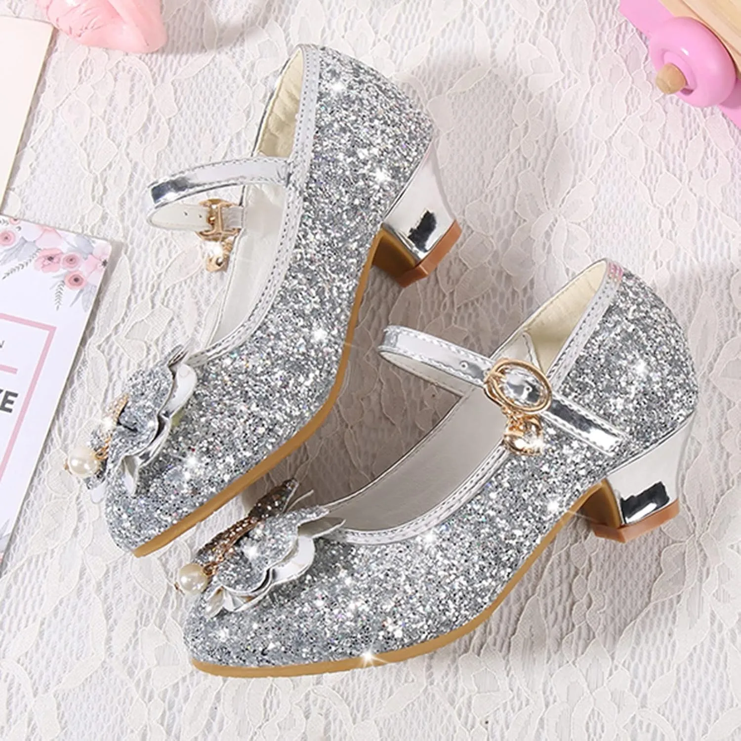 Little Girls Glitter Bowknot Dress Shoes Kids Mary Jane Low Heels Pary Wedding Girls Sandals Toddler Size 8