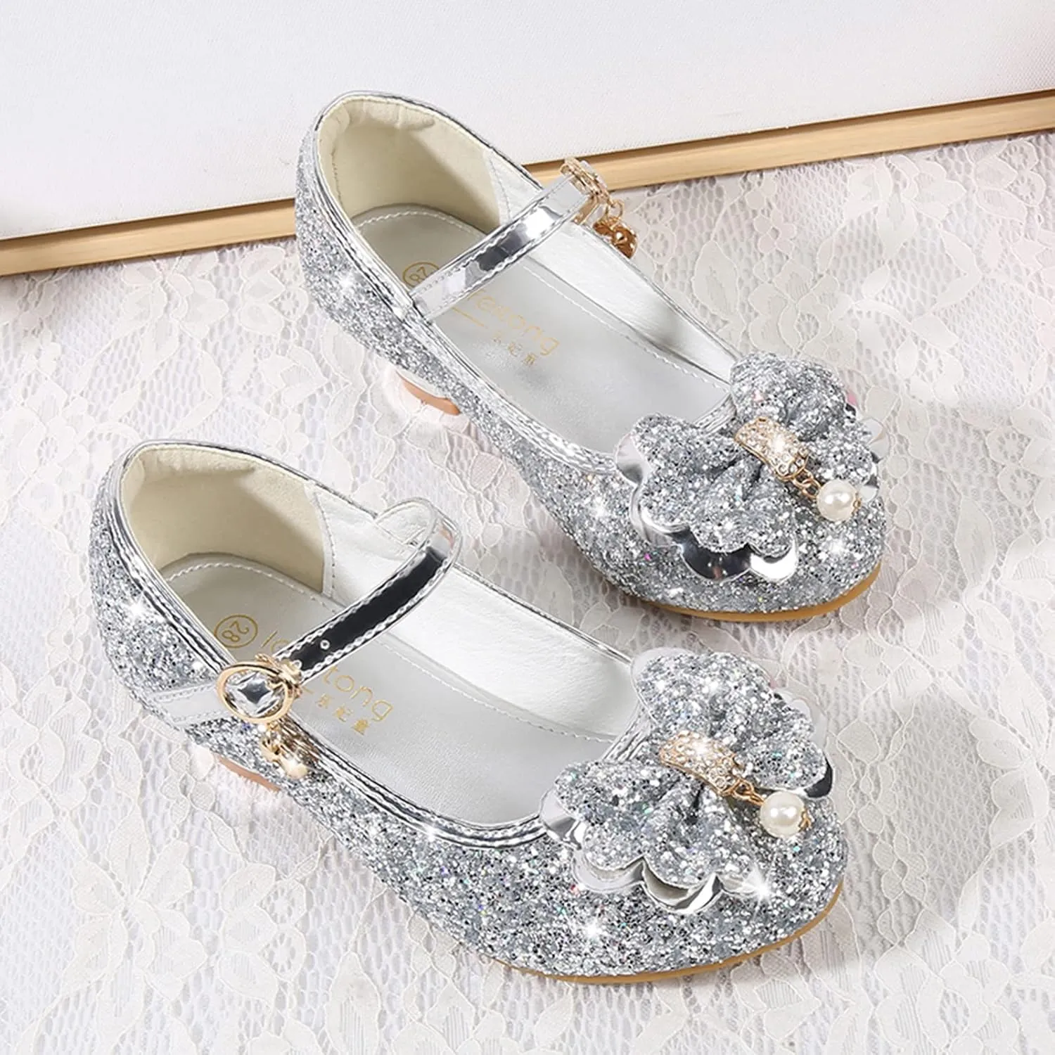 Little Girls Glitter Bowknot Dress Shoes Kids Mary Jane Low Heels Pary Wedding Girls Sandals Toddler Size 8