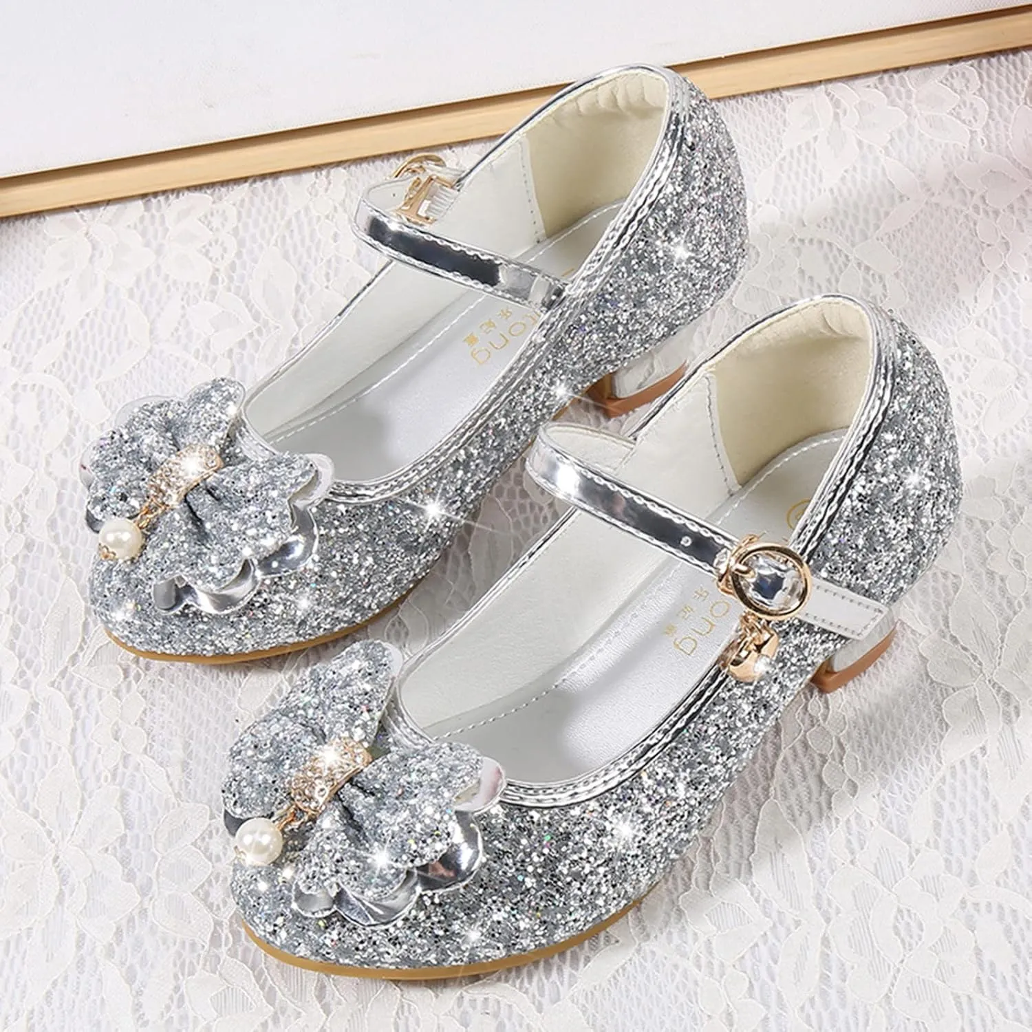 Little Girls Glitter Bowknot Dress Shoes Kids Mary Jane Low Heels Pary Wedding Girls Sandals Toddler Size 8