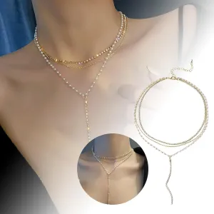 Long Pearl Rhinestone Necklace for Women, Layered Lariat Necklaces 14k Gold Plated/Silver Dainty Drop Necklaces for Women