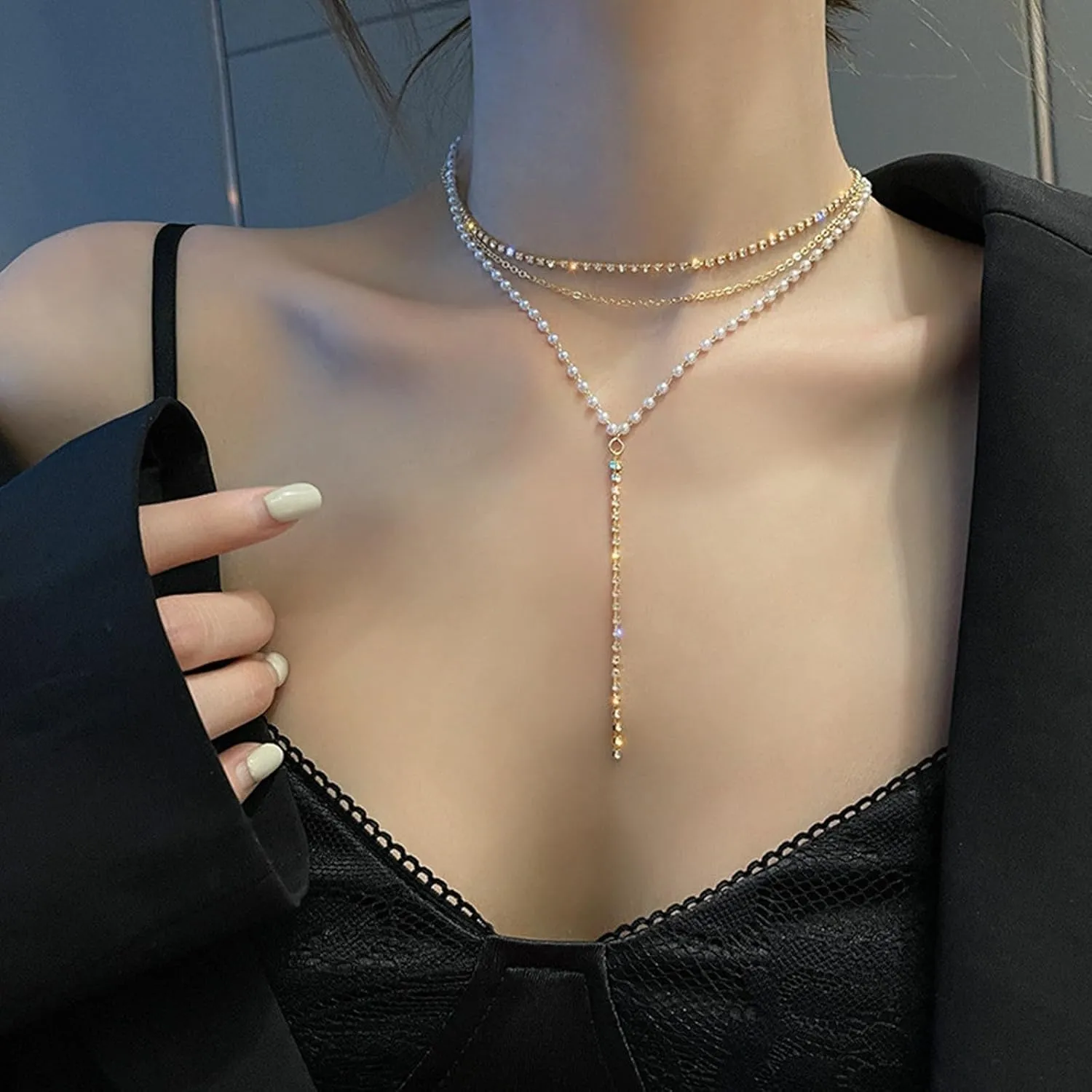 Long Pearl Rhinestone Necklace for Women, Layered Lariat Necklaces 14k Gold Plated/Silver Dainty Drop Necklaces for Women