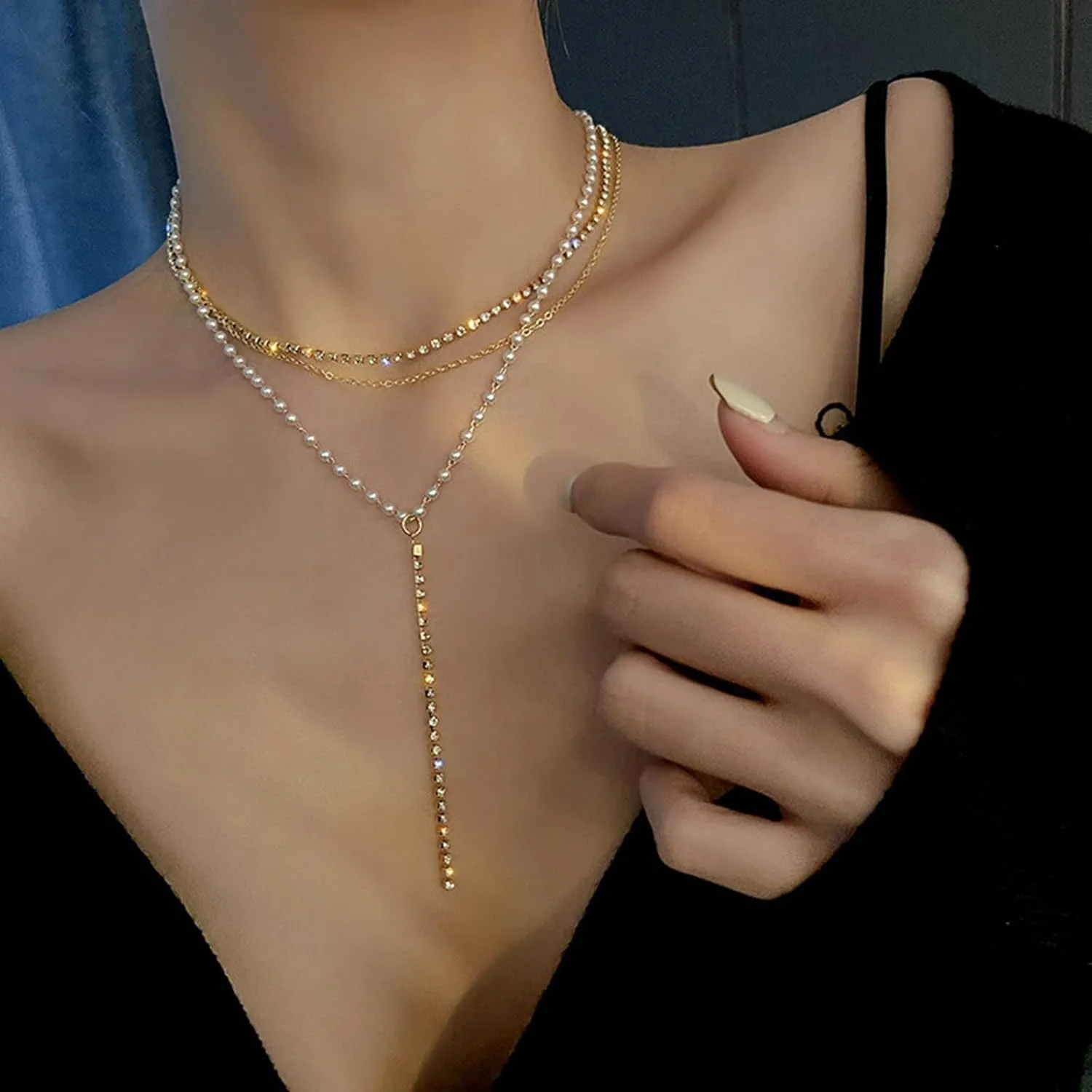 Long Pearl Rhinestone Necklace for Women, Layered Lariat Necklaces 14k Gold Plated/Silver Dainty Drop Necklaces for Women