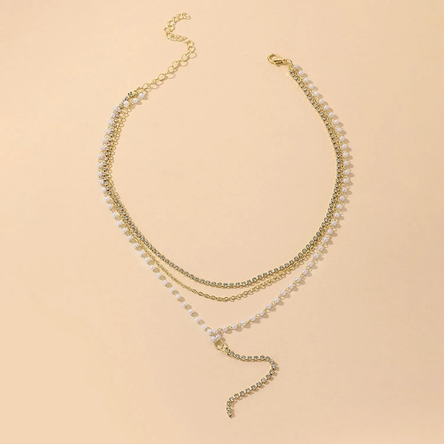 Long Pearl Rhinestone Necklace for Women, Layered Lariat Necklaces 14k Gold Plated/Silver Dainty Drop Necklaces for Women