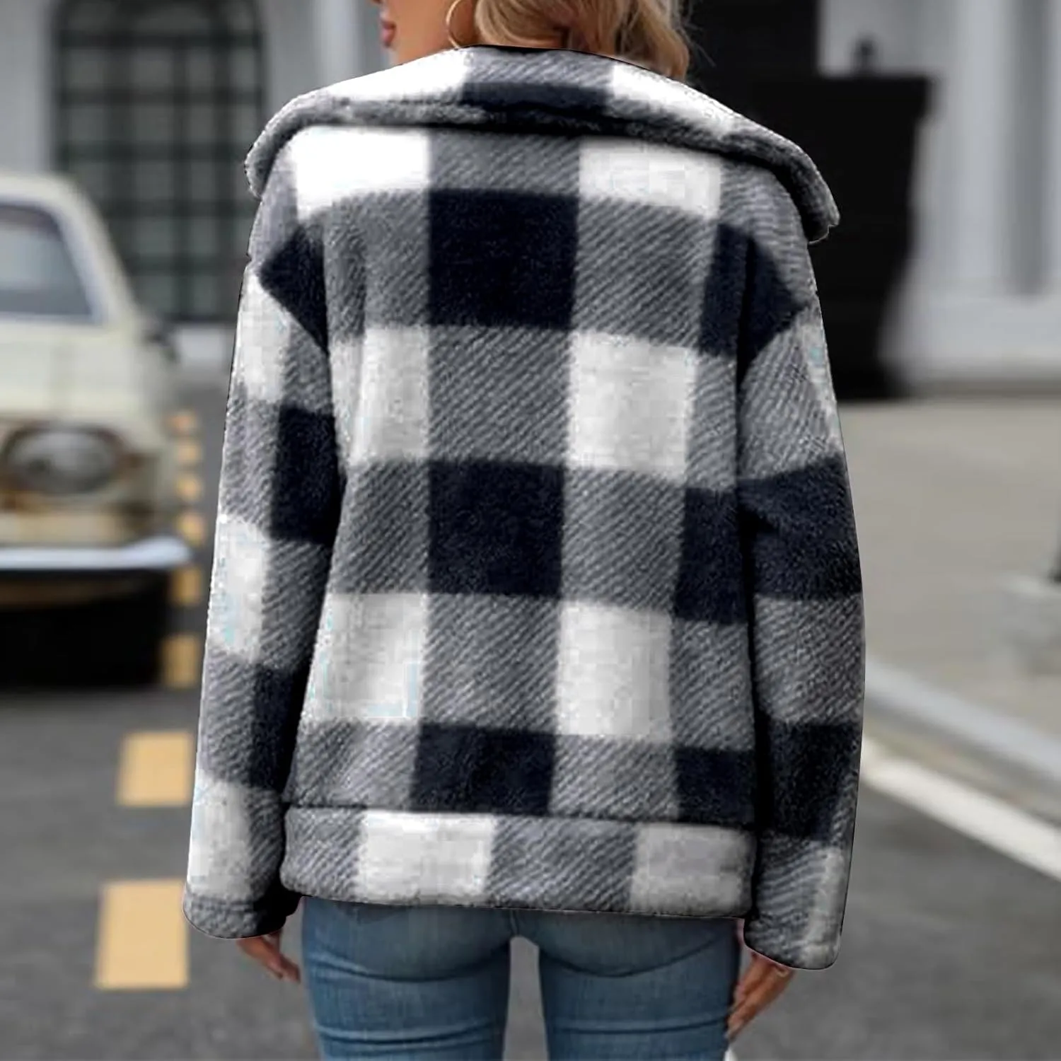 Long Winter Coats for Women Oversized Plaid Print Velvet Jackets Long Sleeve Zipper Cardigan Winter Coat Outerwear