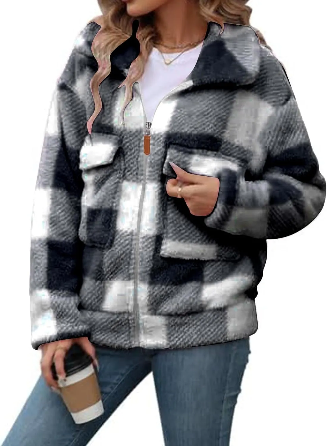 Long Winter Coats for Women Oversized Plaid Print Velvet Jackets Long Sleeve Zipper Cardigan Winter Coat Outerwear