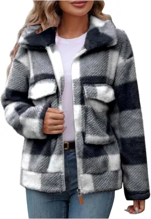 Long Winter Coats for Women Oversized Plaid Print Velvet Jackets Long Sleeve Zipper Cardigan Winter Coat Outerwear