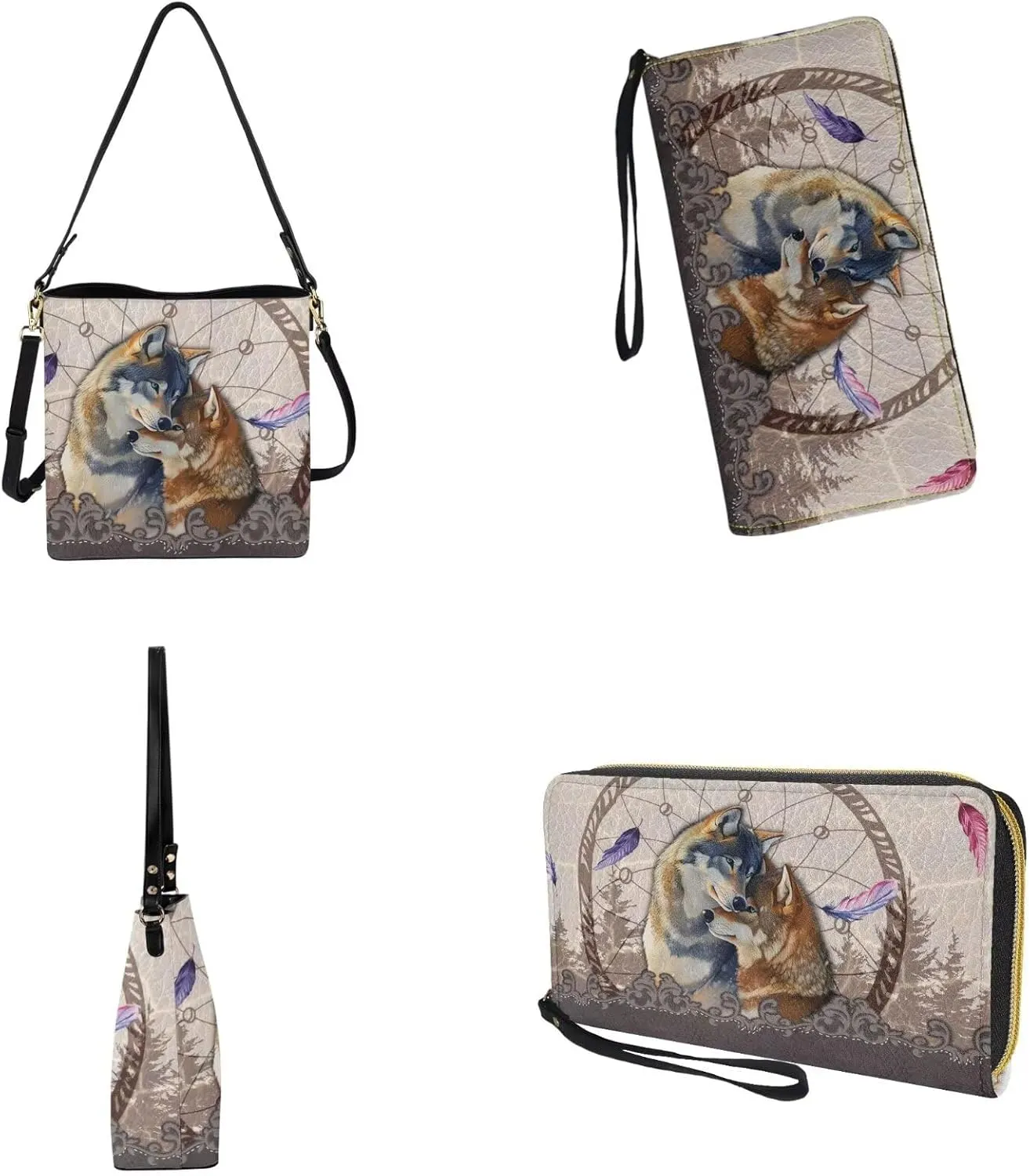 Lotusorchid Bucket Purse and Wallet Set, Leather Crossbody Shoulder Handbag Hobo Bag with Adjustable Strap for Women
