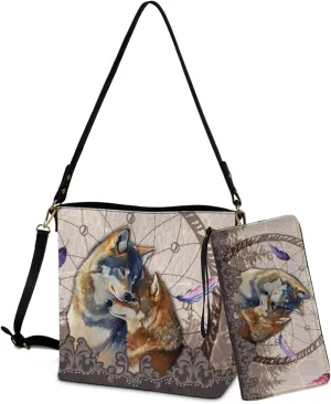 Lotusorchid Bucket Purse and Wallet Set, Leather Crossbody Shoulder Handbag Hobo Bag with Adjustable Strap for Women