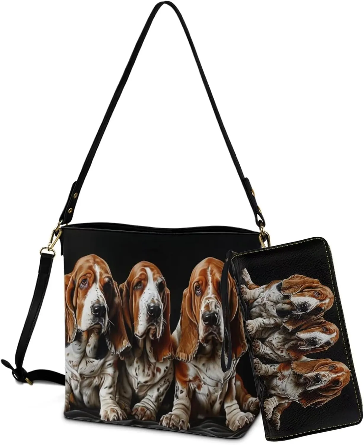 Lotusorchid Bucket Purse and Wallet Set, Leather Crossbody Shoulder Handbag Hobo Bag with Adjustable Strap for Women