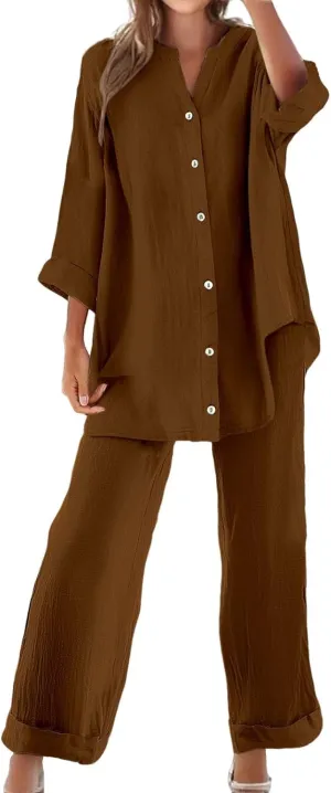 Lounge Sets for Women Cotton Linen Pants Sets Summer Oversized Long Sleeve Button Shirt Casual Linen Sets for Women 2 Piece