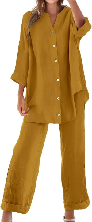 Lounge Sets for Women Cotton Linen Pants Sets Summer Oversized Long Sleeve Button Shirt Casual Linen Sets for Women 2 Piece