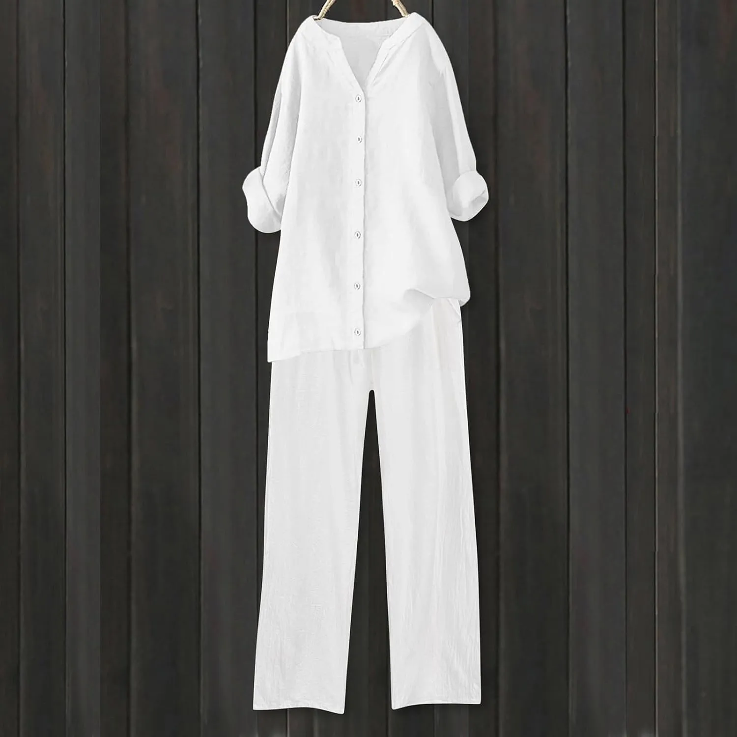 Lounge Sets for Women Cotton Linen Pants Sets Summer Oversized Long Sleeve Button Shirt Casual Linen Sets for Women 2 Piece