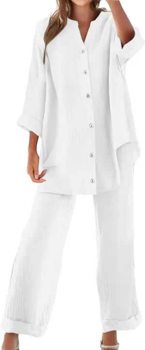 Lounge Sets for Women Cotton Linen Pants Sets Summer Oversized Long Sleeve Button Shirt Casual Linen Sets for Women 2 Piece