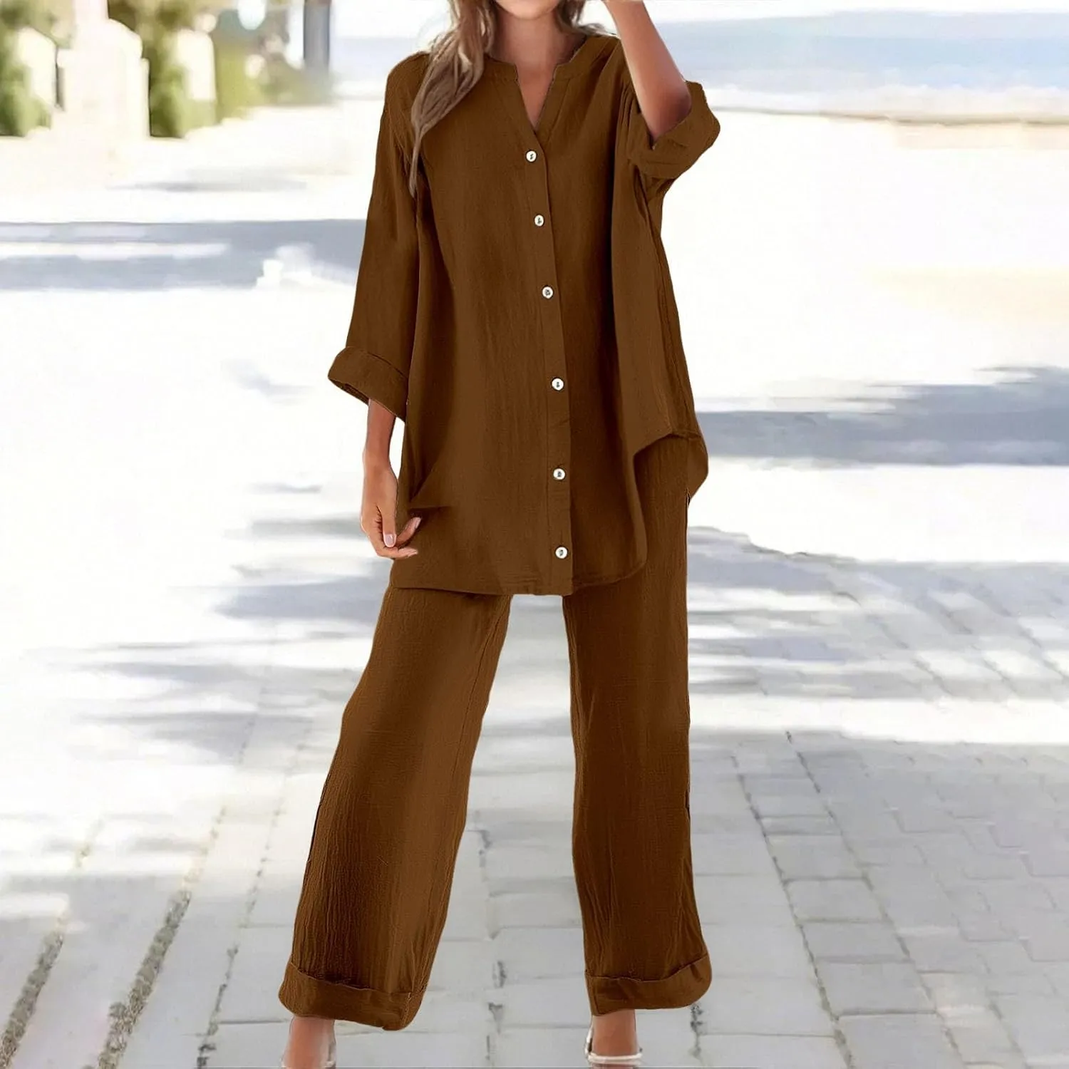 Lounge Sets for Women Cotton Linen Pants Sets Summer Oversized Long Sleeve Button Shirt Casual Linen Sets for Women 2 Piece