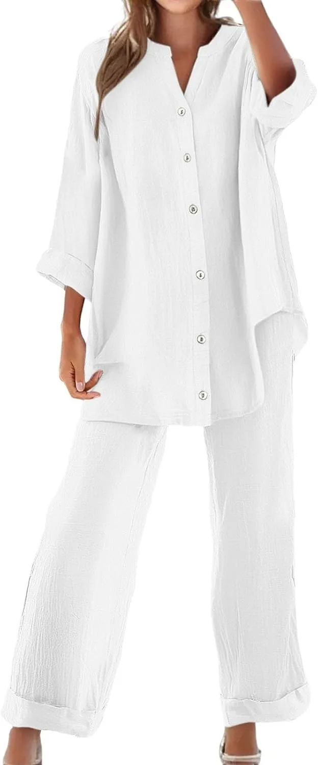 Lounge Sets for Women Cotton Linen Pants Sets Summer Oversized Long Sleeve Button Shirt Casual Linen Sets for Women 2 Piece