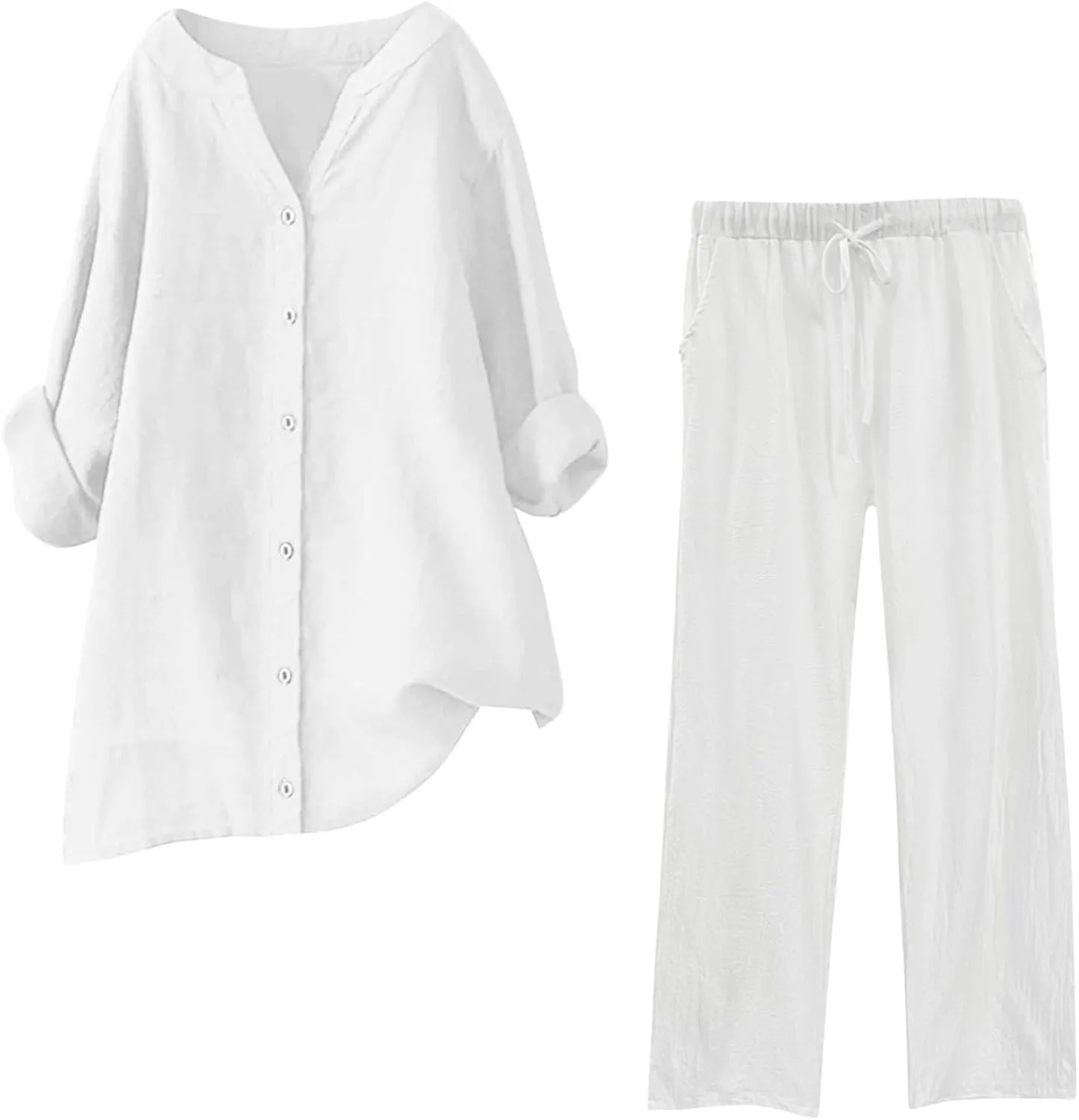 Lounge Sets for Women Cotton Linen Pants Sets Summer Oversized Long Sleeve Button Shirt Casual Linen Sets for Women 2 Piece