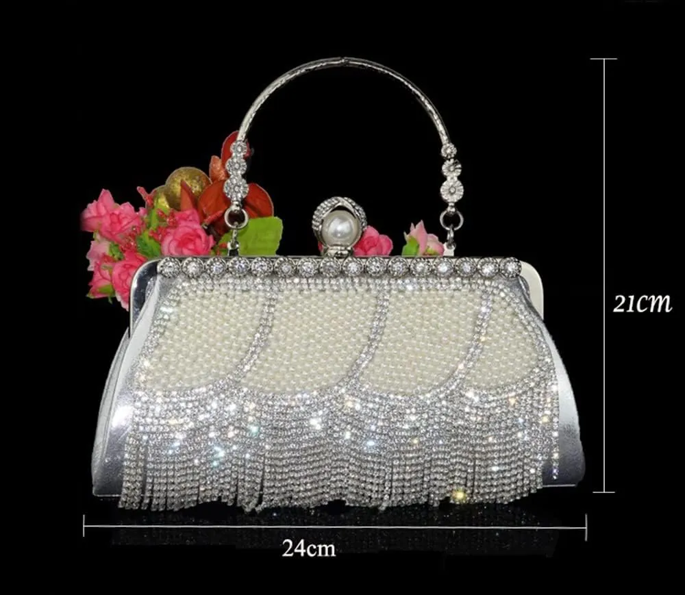 Luxury Handbag for Women, Small Wallet with Crystal Tassel and Pearls for Wedding, Banquet Bag Ladies Clutch (Color : Black)