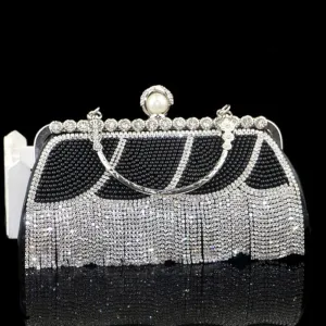 Luxury Handbag for Women, Small Wallet with Crystal Tassel and Pearls for Wedding, Banquet Bag Ladies Clutch (Color : Black)