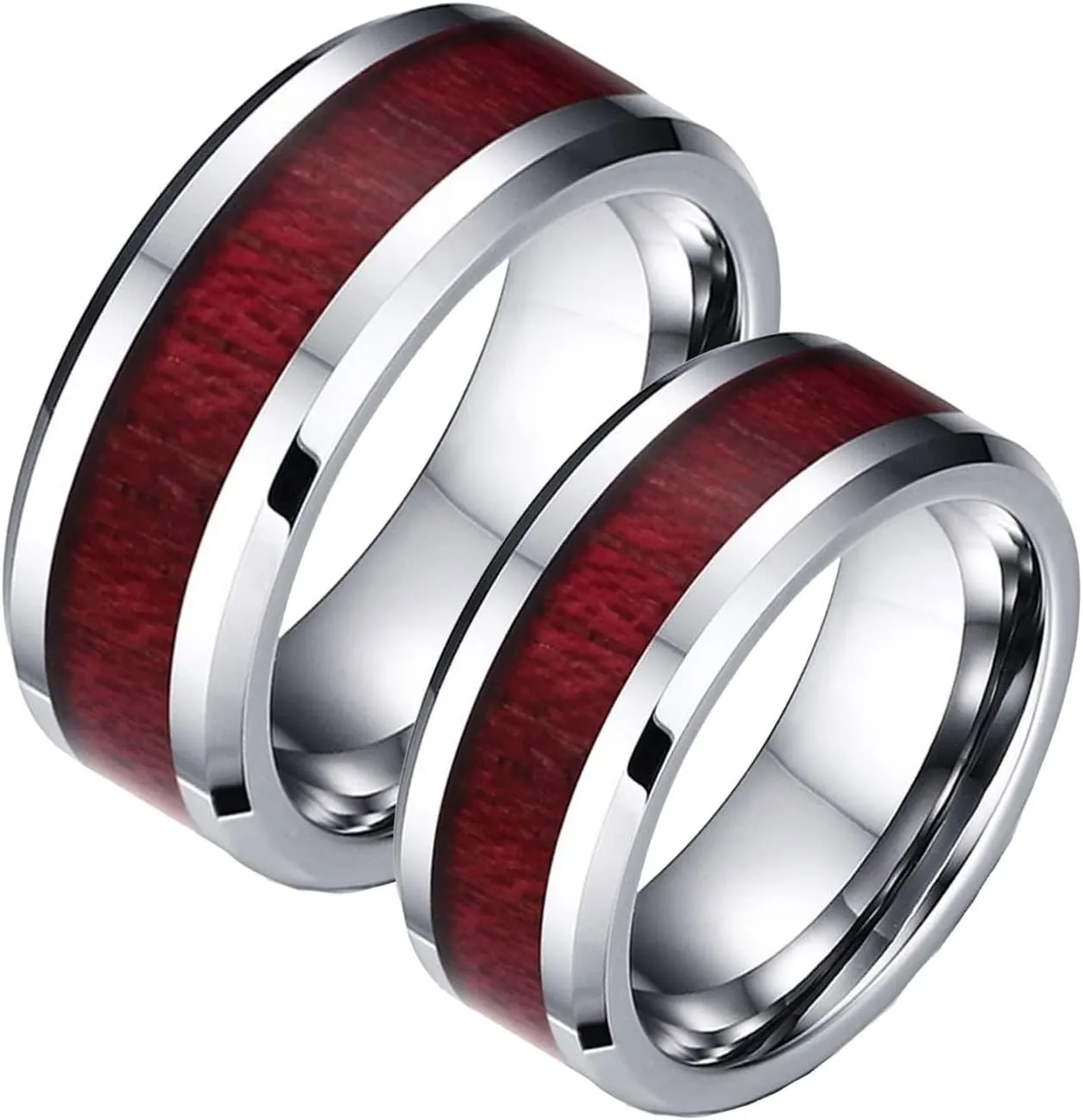 Matching Wedding Rings for Him and Her, Engagement Rings for Couples Set Tungsten Comfort Fit 8mm Silver Rings Wood Inlay