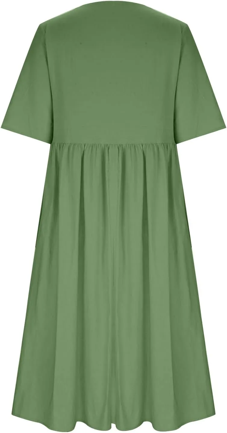Maxi Dresses for Women 2025 Vacation Boho Dandelion Print Cotton Linen Dress Summer Beach Short Sleeve Shirt Sundress
