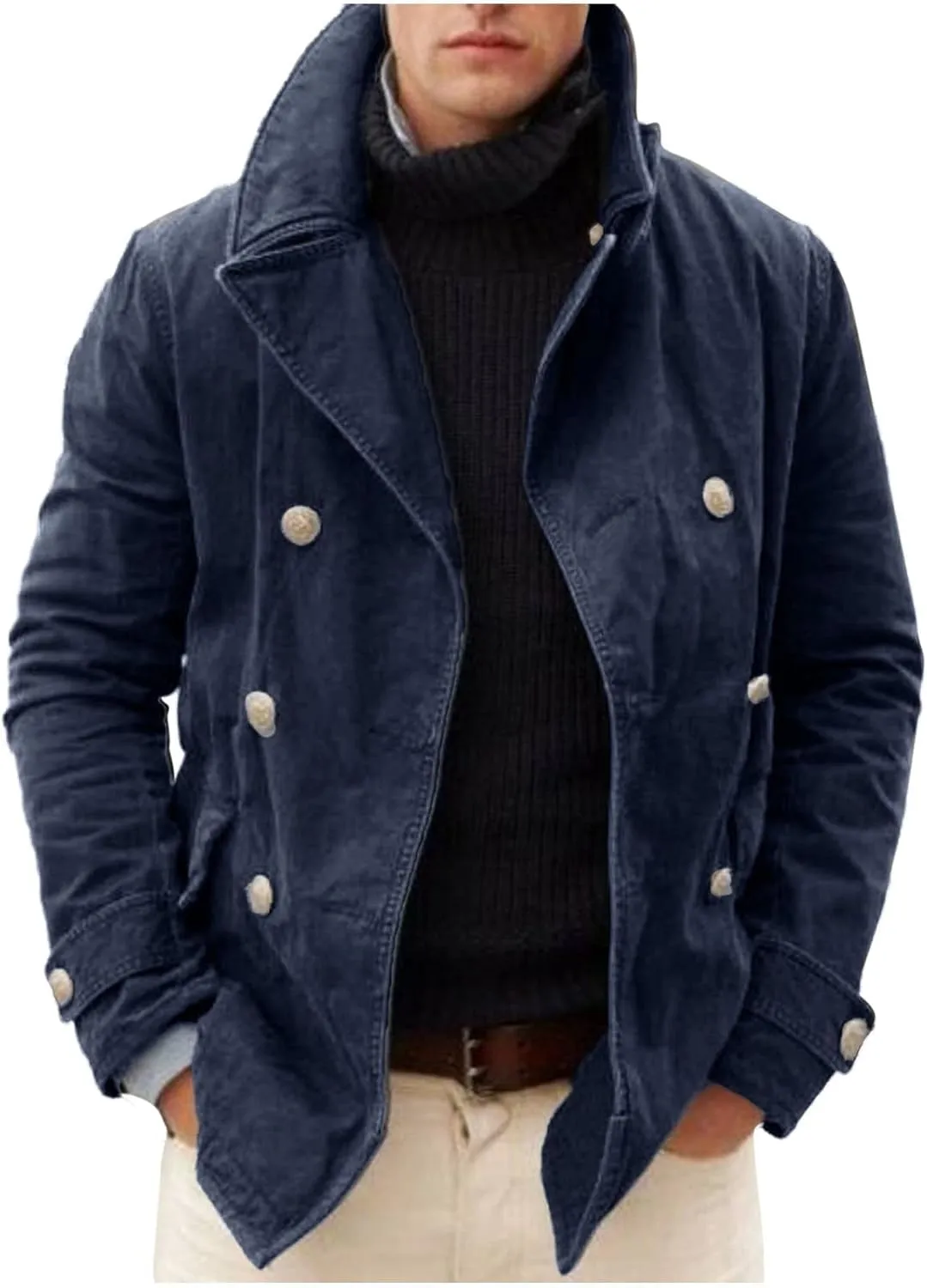 Men British Style Trench Coat Vintage Notch Lapel Double-Breasted Peacoat Windproof Jacket Gentlemen Cardigan Coats
