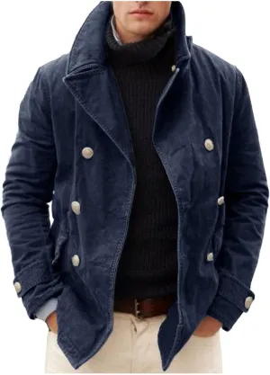 Men British Style Trench Coat Vintage Notch Lapel Double-Breasted Peacoat Windproof Jacket Gentlemen Cardigan Coats