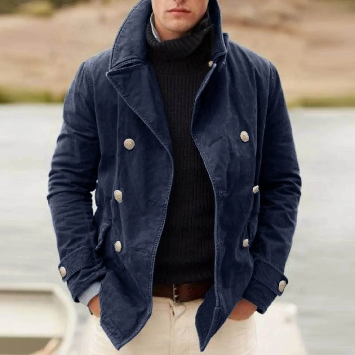 Men British Style Trench Coat Vintage Notch Lapel Double-Breasted Peacoat Windproof Jacket Gentlemen Cardigan Coats