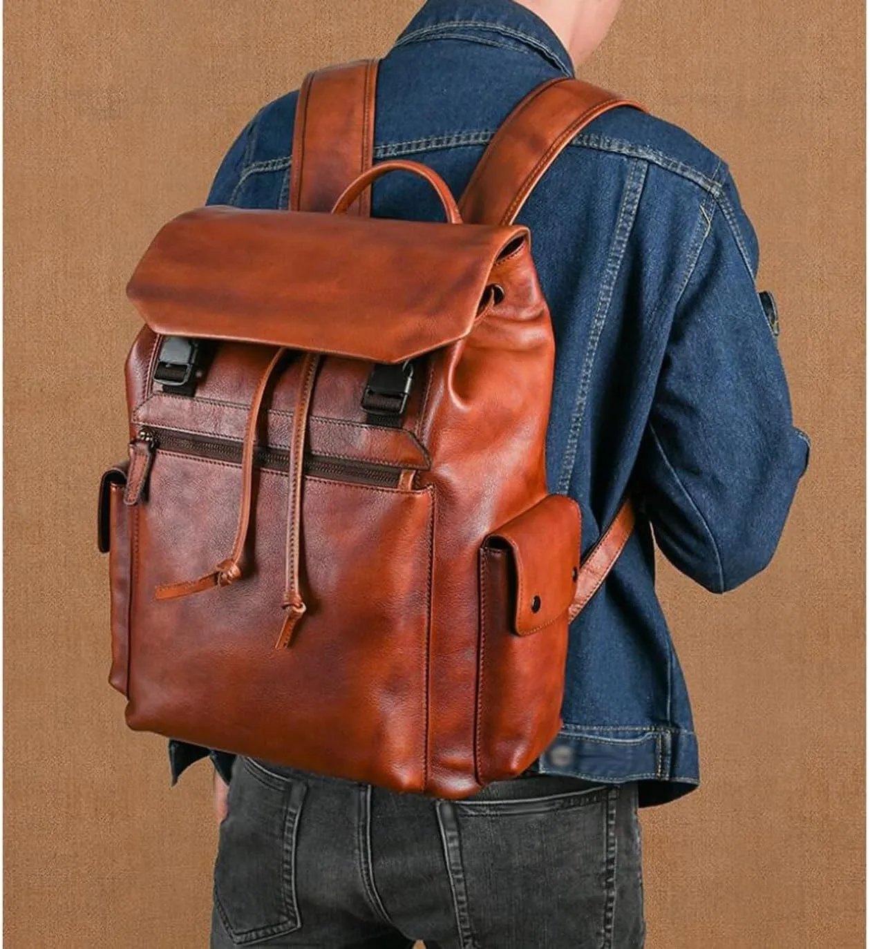 Mens Backpacks Genuine Leather Laptop Bags Briefcases Computers Bags Casual Daypack Travel Bags Luggage Bags 15Inch(Black)