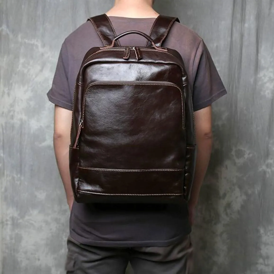 Mens Backpacks Genuine Leather Laptop Bags Computers Bags Luggage Travel Bags Casual Daypack Briefcases(Black)