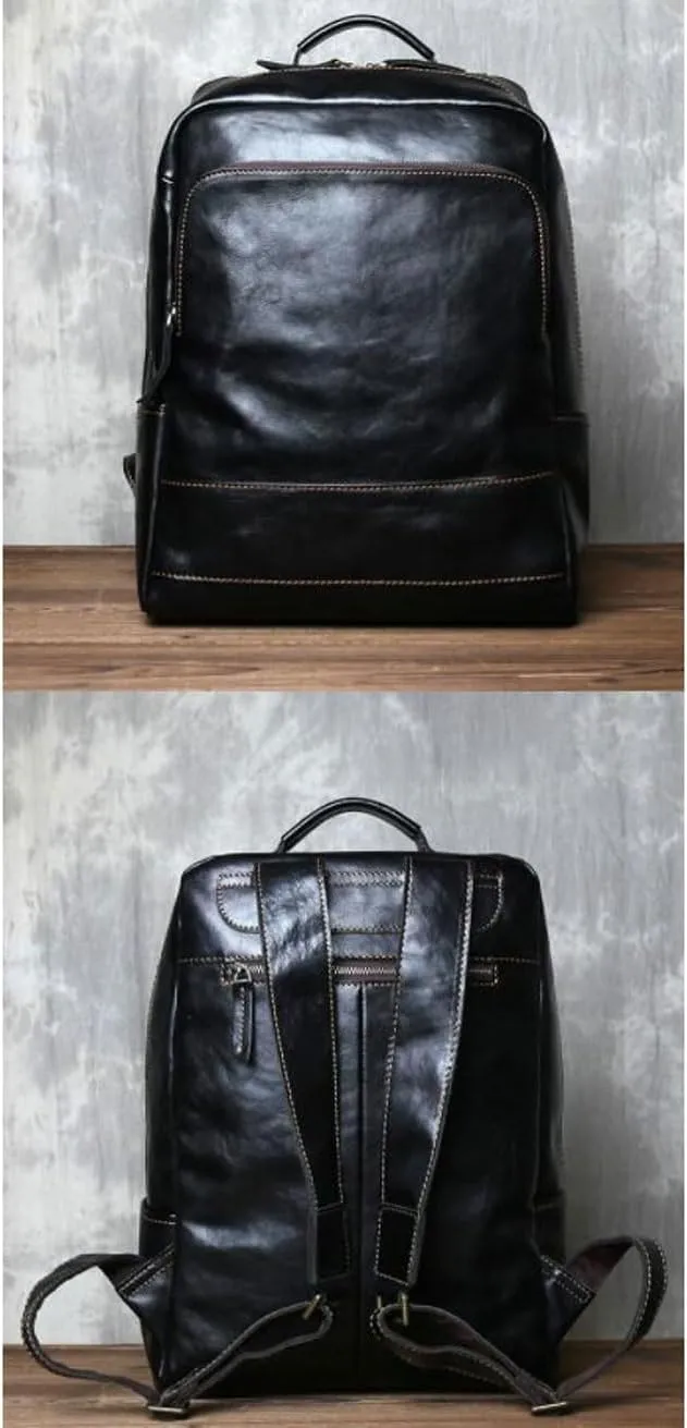 Mens Backpacks Genuine Leather Laptop Bags Computers Bags Luggage Travel Bags Casual Daypack Briefcases(Black)