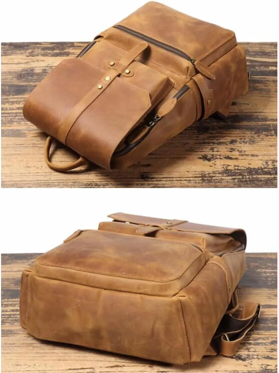 Mens Backpacks Luggage Travel Bags Laptop Bags Genuine Leather Briefcases Casual Daypack Bookbags(Yellow)