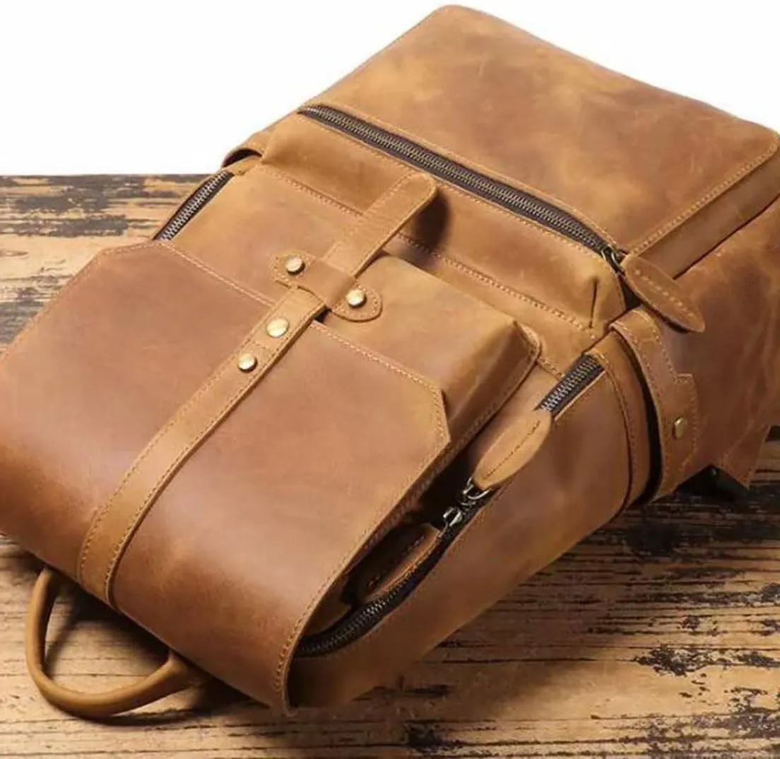 Mens Backpacks Luggage Travel Bags Laptop Bags Genuine Leather Briefcases Casual Daypack Bookbags(Yellow)
