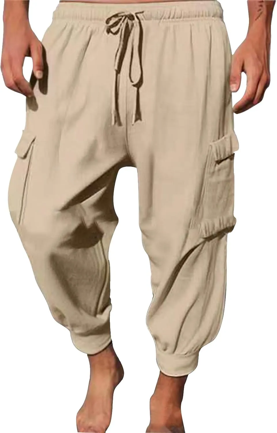 Men's Cargo Pants Joggers Sweatpants Casual Cotton Trousers Elasticated Waist Drawstring Pant Solid Color Bottoms