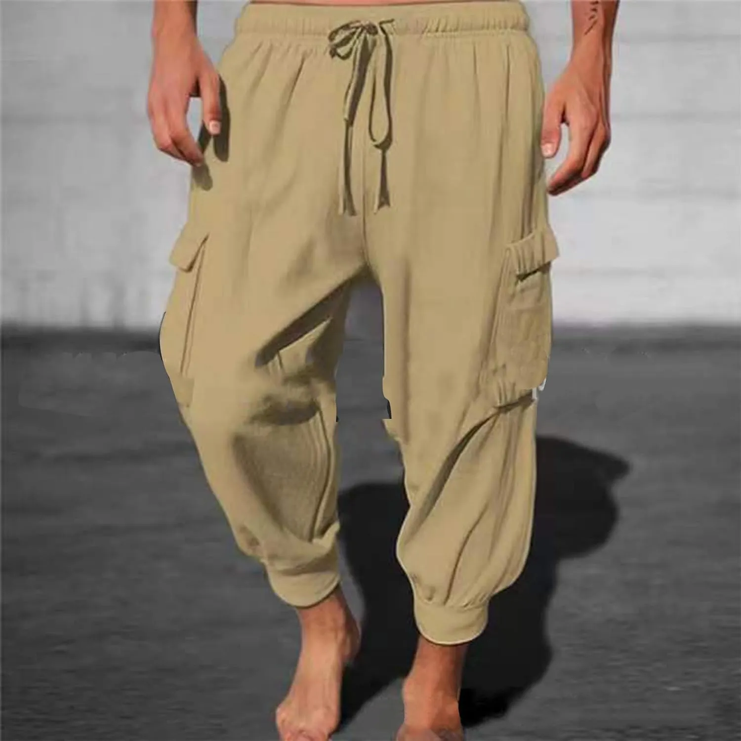 Men's Cargo Pants Joggers Sweatpants Casual Cotton Trousers Elasticated Waist Drawstring Pant Solid Color Bottoms