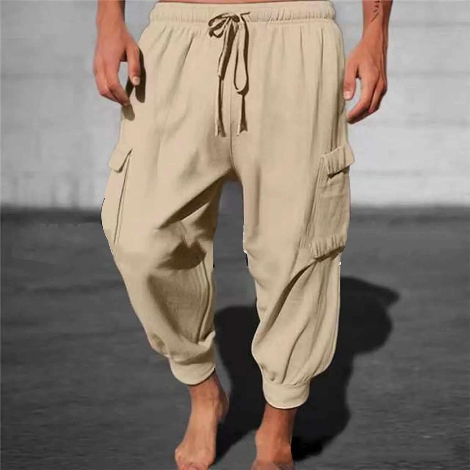 Men's Cargo Pants Joggers Sweatpants Casual Cotton Trousers Elasticated Waist Drawstring Pant Solid Color Bottoms