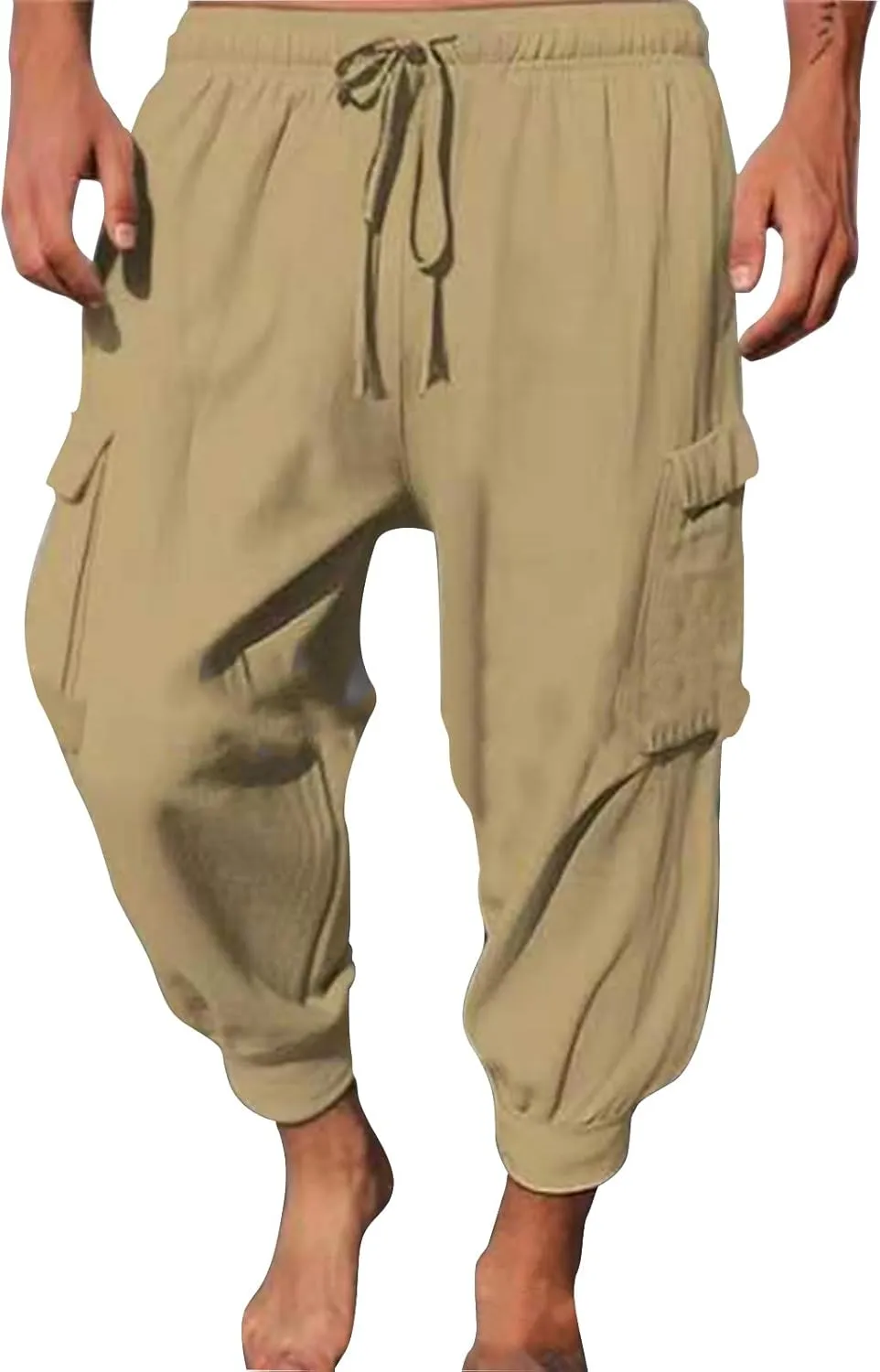 Men's Cargo Pants Joggers Sweatpants Casual Cotton Trousers Elasticated Waist Drawstring Pant Solid Color Bottoms