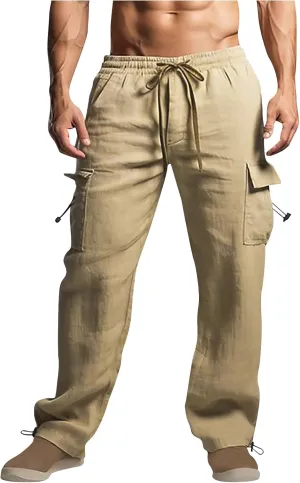 Mens Cargo Work Trousers Cotton Linen Trouser Casual Sweatpants Straight Leg Flat Front Pants Comfortable Fit Workwear