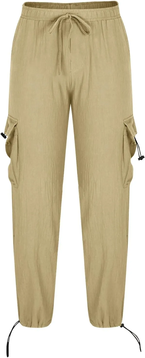 Mens Cargo Work Trousers Cotton Linen Trouser Casual Sweatpants Straight Leg Flat Front Pants Comfortable Fit Workwear