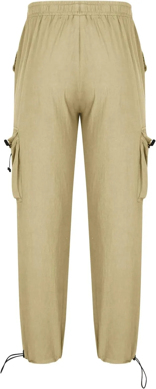 Mens Cargo Work Trousers Cotton Linen Trouser Casual Sweatpants Straight Leg Flat Front Pants Comfortable Fit Workwear