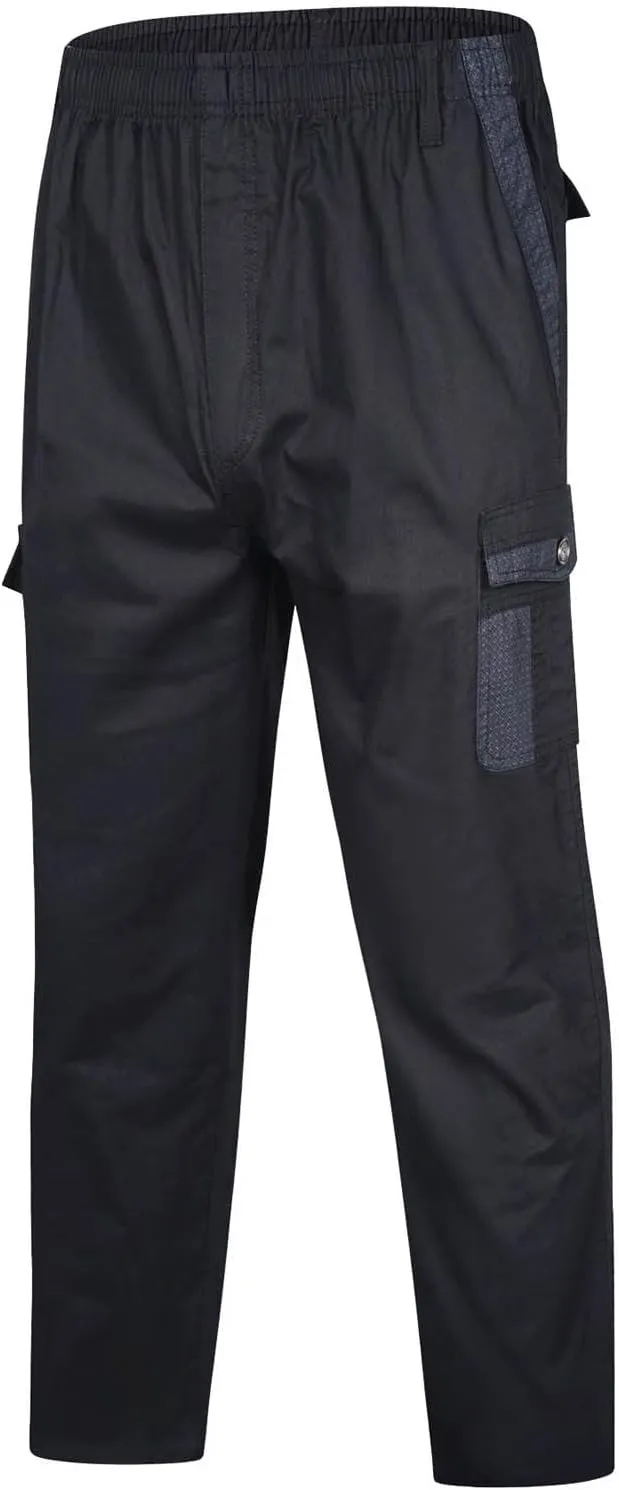 Mens Cargo Work Trousers Elasticated Waist Pants Solid Color Casual Cotton Pant Jogging Sweat Pants with Multi Pocket
