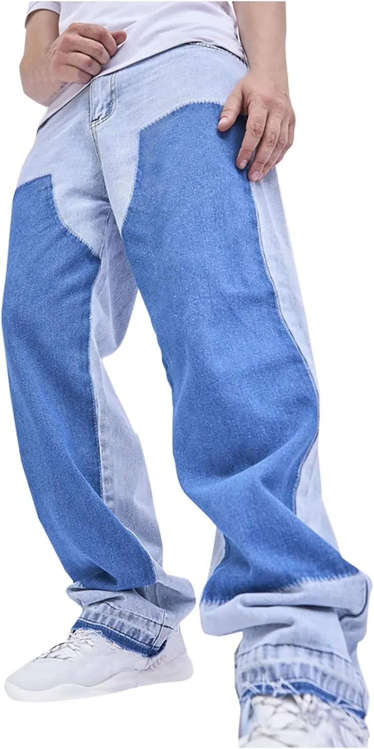 Mens Casual Jeans Pants Straight Leg Denim Trousers Color Block Pant Outdoor Walking Trousers Regular Fit Trouser