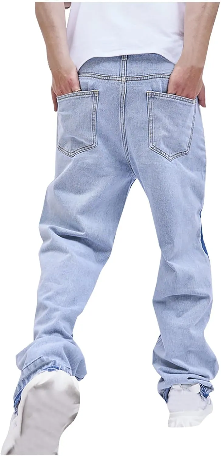 Mens Casual Jeans Pants Straight Leg Denim Trousers Color Block Pant Outdoor Walking Trousers Regular Fit Trouser