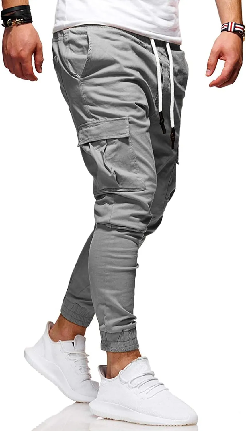 Men's Casual Pants - Cotton Chino Cargo Pants for Hiking and Outdoor Recreation, Drawstring Sweatpants in Twill Track Jogging
