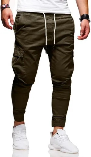 Men's Casual Pants - Cotton Chino Cargo Pants for Hiking and Outdoor Recreation, Drawstring Sweatpants in Twill Track Jogging