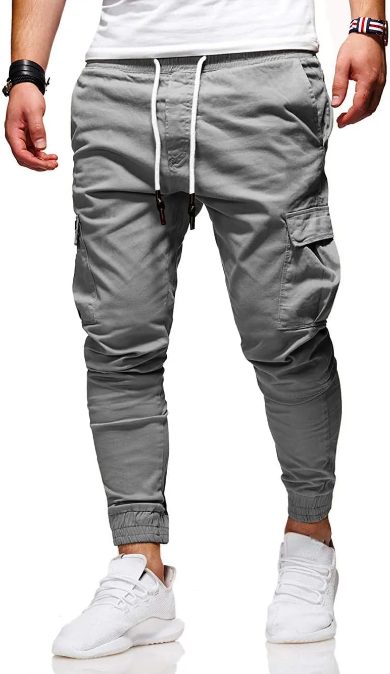 Men's Casual Pants - Cotton Chino Cargo Pants for Hiking and Outdoor Recreation, Drawstring Sweatpants in Twill Track Jogging