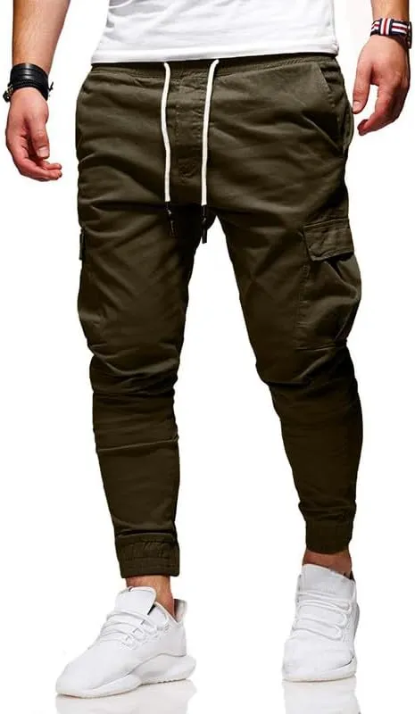 Men's Casual Pants - Cotton Chino Cargo Pants for Hiking and Outdoor Recreation, Drawstring Sweatpants in Twill Track Jogging